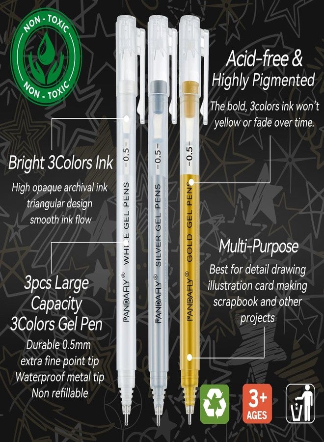 باندافلاي أقلام جل باندافلاي ذهبية وفضية وبيضاء، برأس رفيع للغاية 0.5 مم، حبر أرشيفي، مثالية للكتابة والرسم والفنون - هدية مثالية للفنانين، وهدايا الأعياد، ومشاريع الأعمال اليدوية، عبوة من 3 أقلام - Image 3